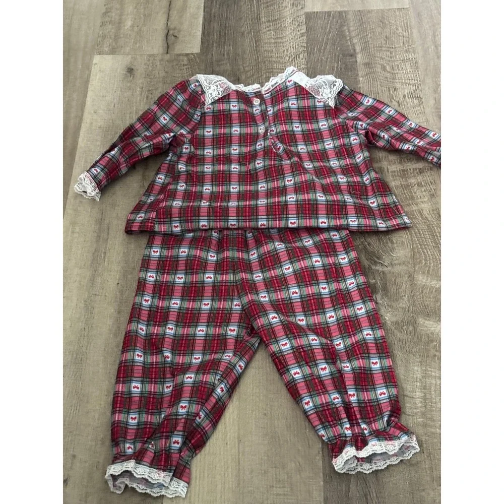 Vintage 90's Cassie Girls 2T Red Plaid‎ Pajama Set Lacy Accents